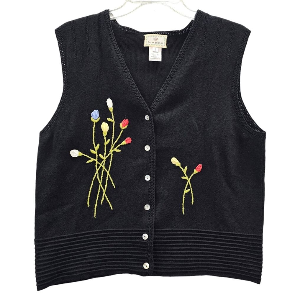 Vintage Susan Bristol Vest Women Large Black Floral Hand Embroidered Grandmacore